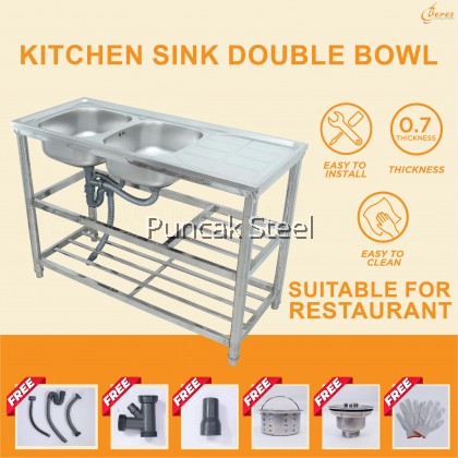 Kitchen Meja/Sinki Dapur/Stainless Steel Single Sink Rack/Rak Bowl DIY Home/Restaurant Stainless Steel DIY Commercial Canteen Cafeteria Restaurant Kitchen Economy Light Easy Cleaning Home Use Free Standing Single Bowl Sink With Table + Free Accessory